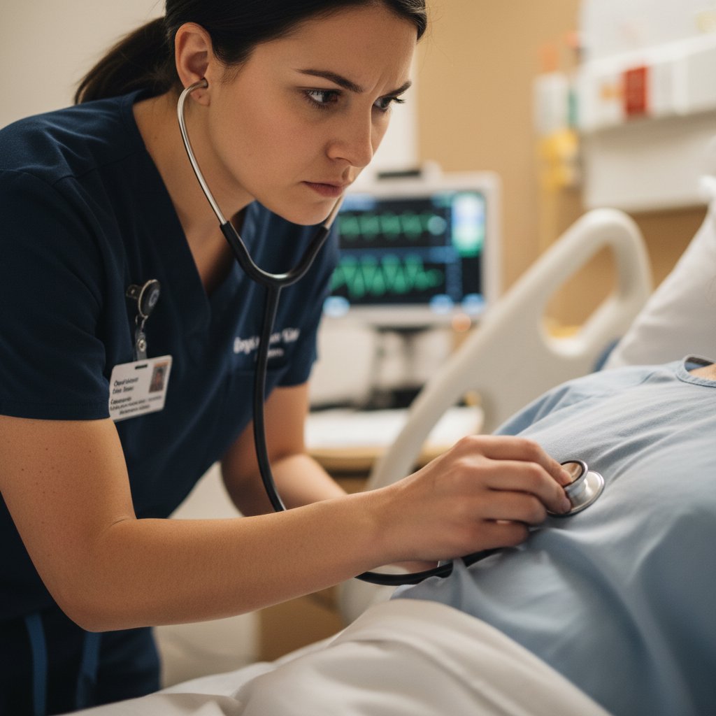 Placed after the contraindications and comorbidities section, this image depicts the critical nursing action of apical pulse assessment that has been repeatedly emphasized throughout the preceding content. It provides a human, relatable visual break after dense clinical information about AV block, diabetes risks, and respiratory contraindications, grounding the text in real bedside practice.