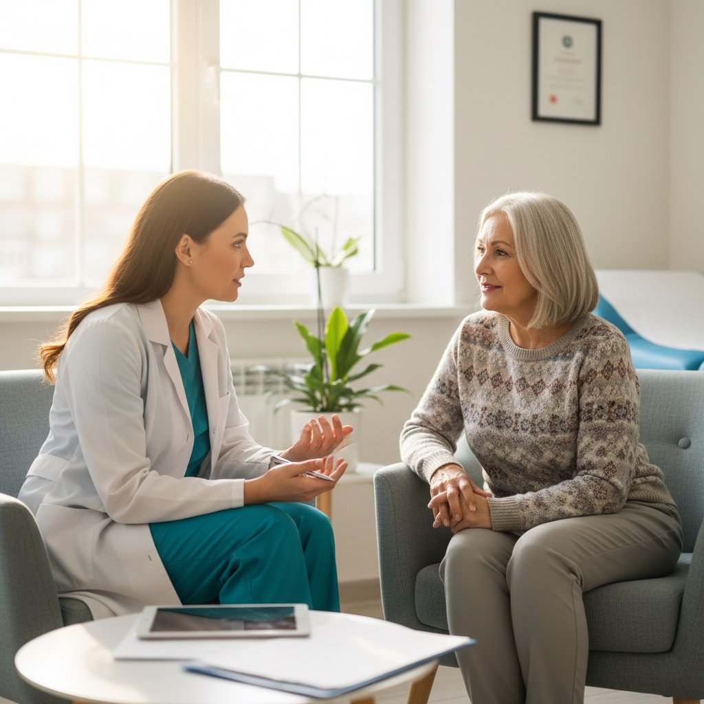 Positioned after the patient education checklist and before the quick-reference summary, this image humanizes the clinical content by depicting the real-world moment of patient counseling. It reinforces that pharmacology knowledge must translate into effective communication, and provides an emotional reset before the final summary section.